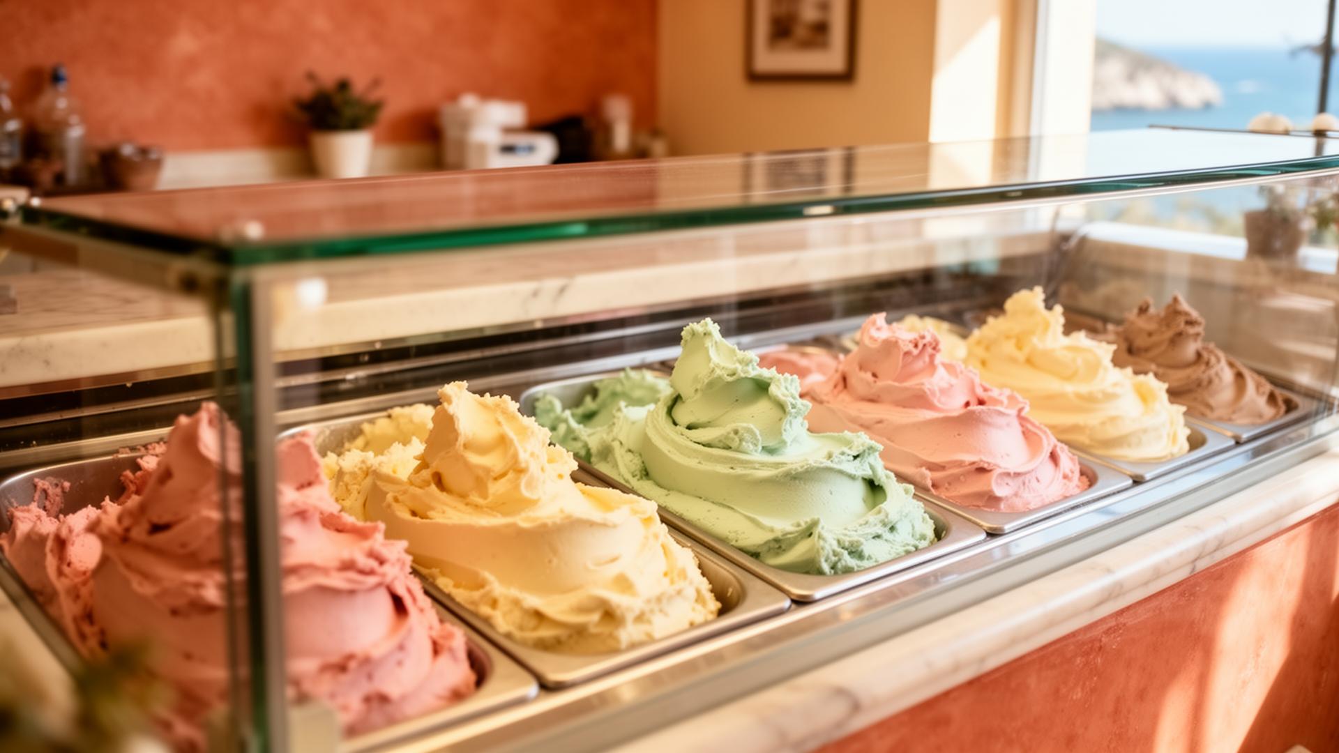 Display case of pastel gelato with a coastal view